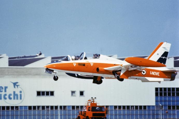 First prototype of the MB339 training aircraft,,  Venegono Superiore (Varese)1976